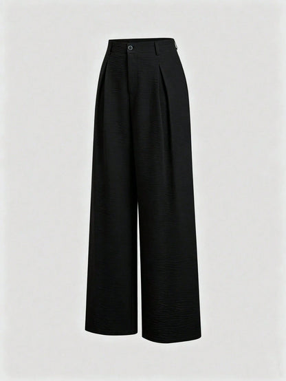 Sweetra Women's New Fashion Versatile Retro Elegant Textured Faux Linen Pleated Wide Leg Long Pants