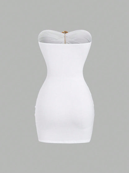 Sweetra Women's Sexy Fitted Strapless Metal Buckle Mini Dress