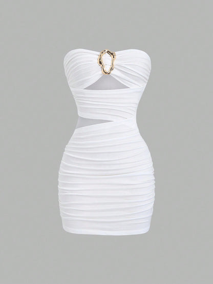 Sweetra Women's Sexy Fitted Strapless Metal Buckle Mini Dress