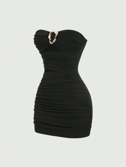Sweetra Women's Sexy Fitted Strapless Metal Buckle Mini Dress