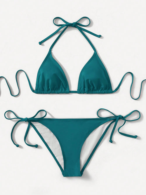 Swim Basics Ladies Solid Color Halter Strap Simple Fashionable Bikini Two-Piece Set For Vacation, Summer Beach