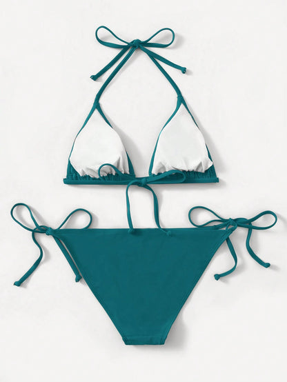 Swim Basics Ladies Solid Color Halter Strap Simple Fashionable Bikini Two-Piece Set For Vacation, Summer Beach