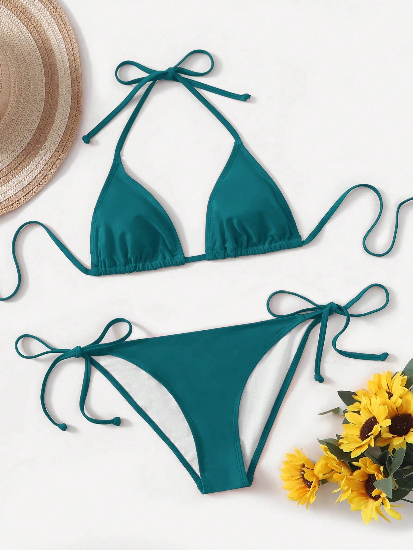 Swim Basics Ladies Solid Color Halter Strap Simple Fashionable Bikini Two-Piece Set For Vacation, Summer Beach