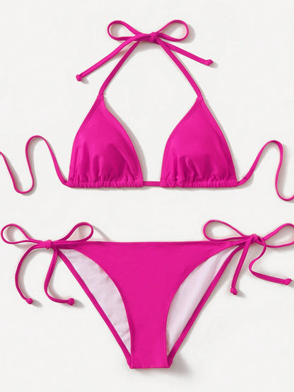 Swim Basics Ladies Solid Color Halter Strap Simple Fashionable Bikini Two-Piece Set For Vacation, Summer Beach