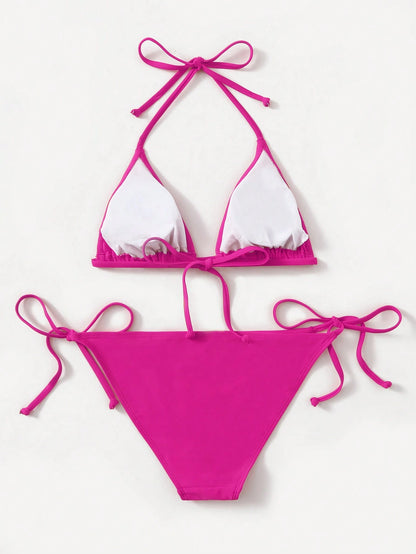Swim Basics Ladies Solid Color Halter Strap Simple Fashionable Bikini Two-Piece Set For Vacation, Summer Beach