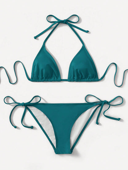 Swim Basics Ladies Solid Color Halter Strap Simple Fashionable Bikini Two-Piece Set For Vacation, Summer Beach