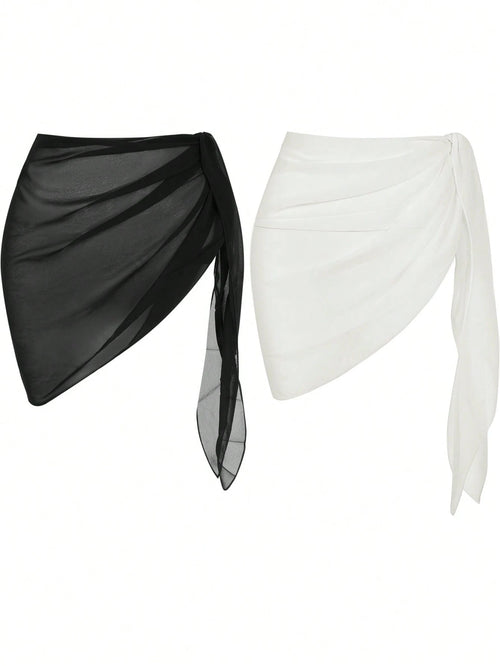 Swim Basics Summer Beach Women Holiday Solid Color Waist Tie Cover Up Skirt Set
