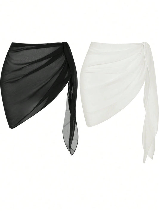 Swim Basics Summer Beach Women Holiday Solid Color Waist Tie Cover Up Skirt Set