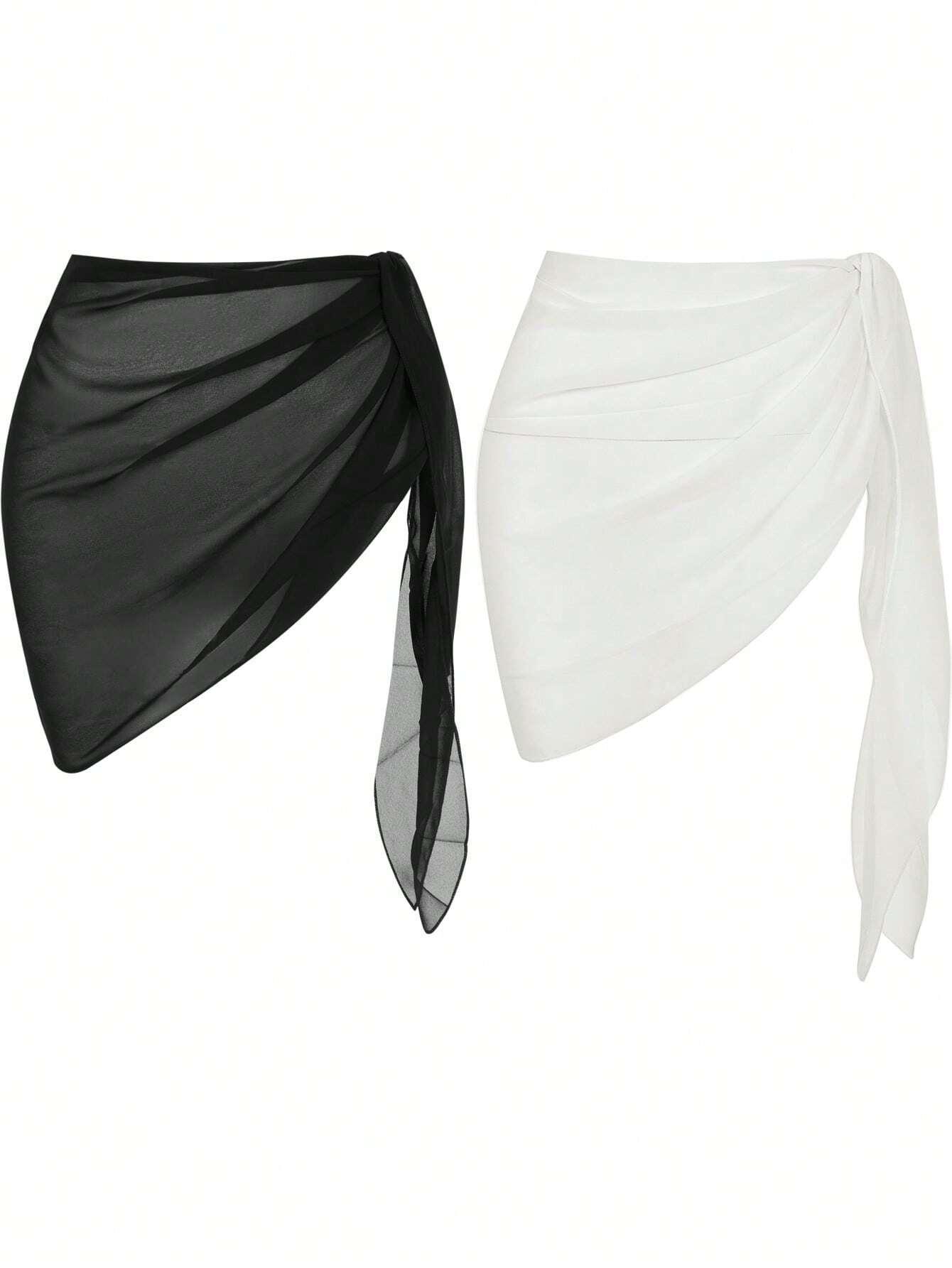 Swim Basics Summer Beach Women Holiday Solid Color Waist Tie Cover Up Skirt Set