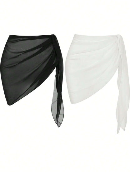 Swim Basics Summer Beach Women Holiday Solid Color Waist Tie Cover Up Skirt Set