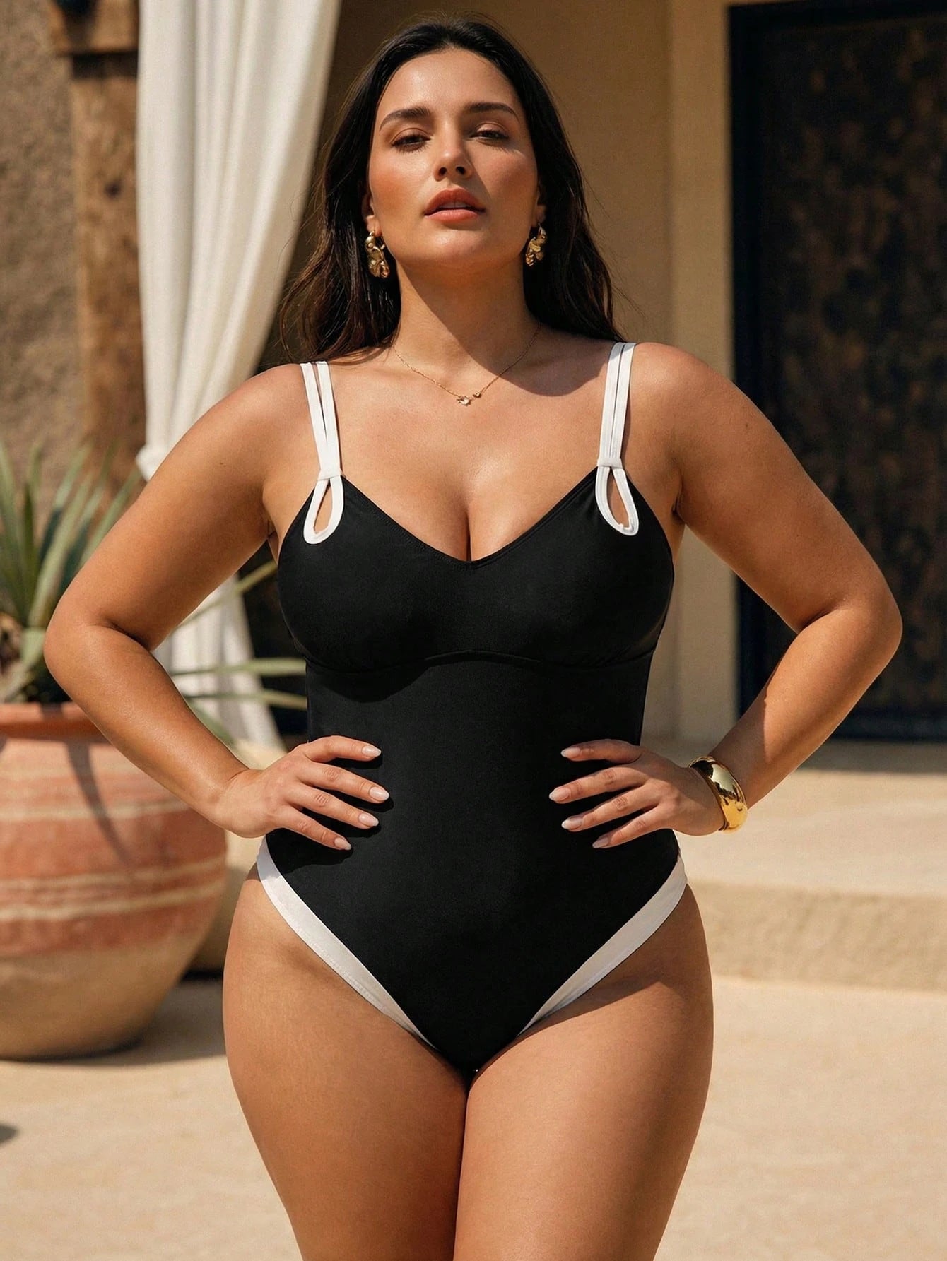 Swim Chiccia 2026 Plus Size Women's Casual Vacation Slimming Concealing Black & White Contrast Design One-Piece Swimsuit Beach Outfit, Spring/Summer