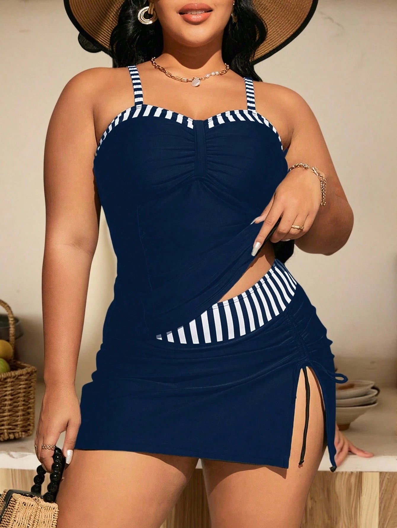 Swim Chiccia Plus Size Summer Beach Contrast Striped Ruched Tankini Set