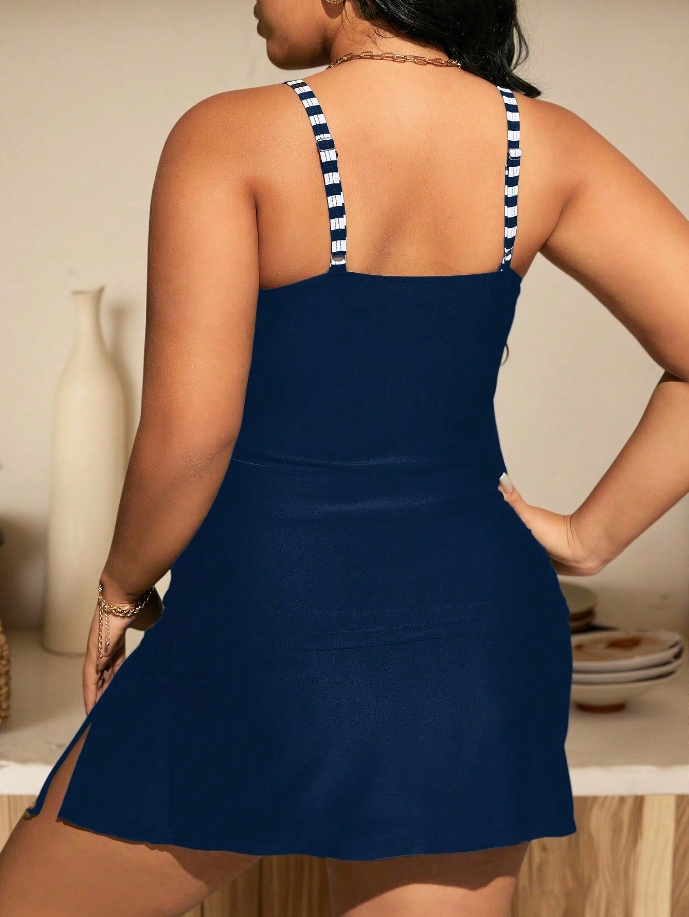 Swim Chiccia Plus Size Summer Beach Contrast Striped Ruched Tankini Set