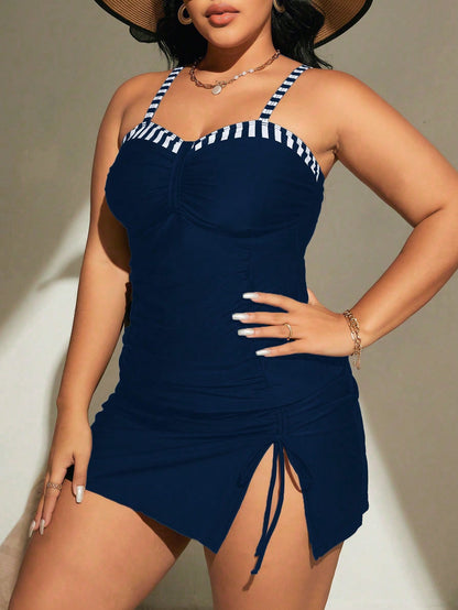 Swim Chiccia Plus Size Summer Beach Contrast Striped Ruched Tankini Set