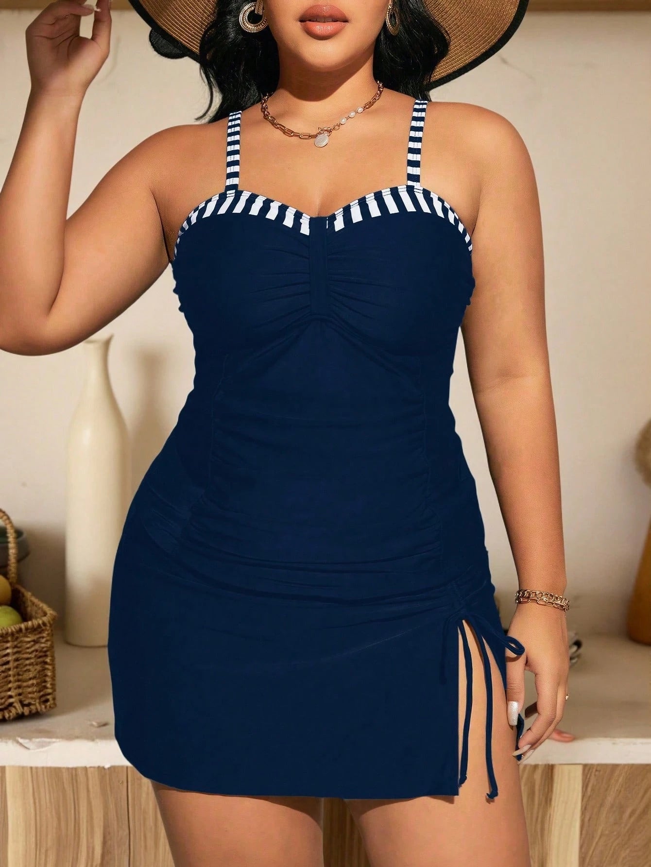 Swim Chiccia Plus Size Summer Beach Contrast Striped Ruched Tankini Set