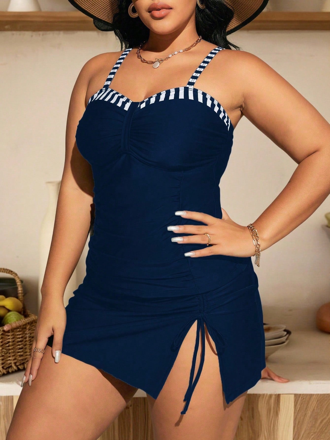 Swim Chiccia Plus Size Summer Beach Contrast Striped Ruched Tankini Set