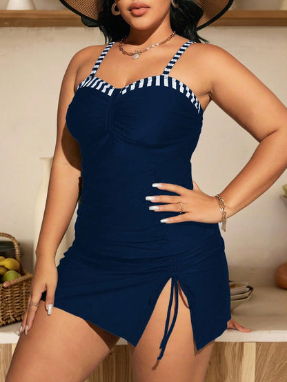 Swim Chiccia Plus Size Summer Beach Contrast Striped Ruched Tankini Set