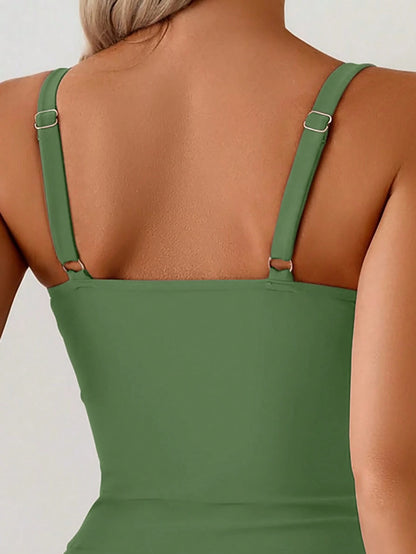 Swim Chiccia Women's Sage Green Summer Tropical Beach Holiday Vacation Solid Metal Ring Criss-Cross Ruched Camisole & Shorts Set Tummy Push Up Bathing Suits