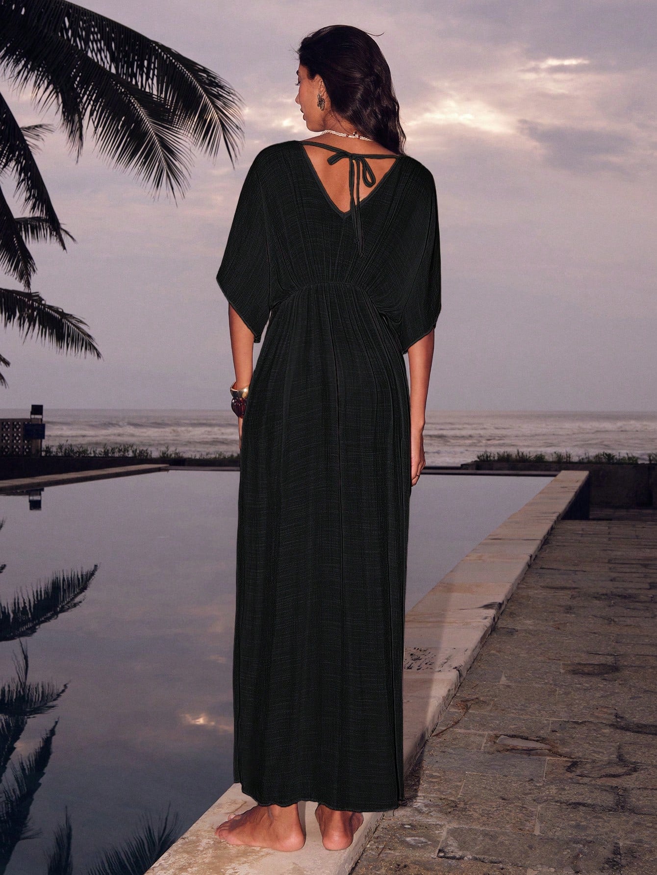 Swim Chiccia Women's Summer Beach Vacation Solid Color Deep V-Neck Metal Buckle Detail Cinched Waist Dress