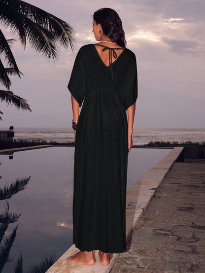 Swim Chiccia Women's Summer Beach Vacation Solid Color Deep V-Neck Metal Buckle Detail Cinched Waist Dress