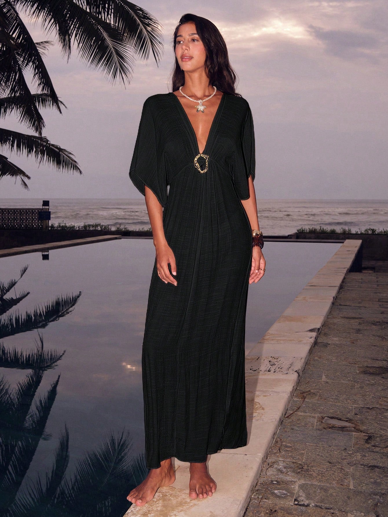 Swim Chiccia Women's Summer Beach Vacation Solid Color Deep V-Neck Metal Buckle Detail Cinched Waist Dress