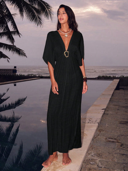 Swim Chiccia Women's Summer Beach Vacation Solid Color Deep V-Neck Metal Buckle Detail Cinched Waist Dress