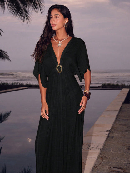 Swim Chiccia Women's Summer Beach Vacation Solid Color Deep V-Neck Metal Buckle Detail Cinched Waist Dress