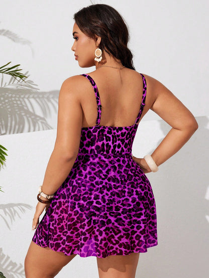 Swim Curve 2026 New Summer Beach Resort Fuchsia Purple Leopard Print Elegant Plus Size One-Piece Swimsuit,Bow Tie Front Slim Fit Vacation Holiday Swimwear