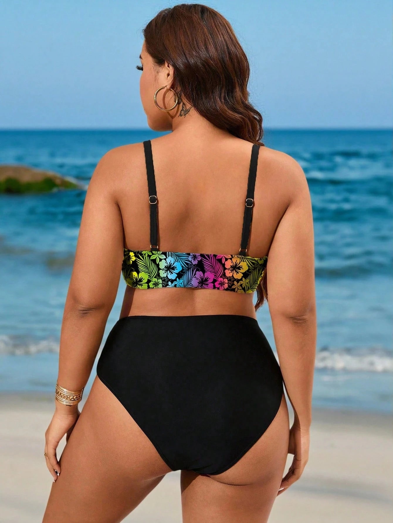 Swim Curve Plus Size 2pcs Set Solid Color Adjustable Strap Design Paired With High Waist Splice Swimwear, Elegant Women Beach Vacation Swimwear