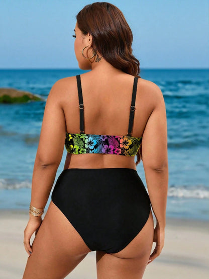 Swim Curve Plus Size 2pcs Set Solid Color Adjustable Strap Design Paired With High Waist Splice Swimwear, Elegant Women Beach Vacation Swimwear