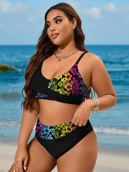 Swim Curve Plus Size 2pcs Set Solid Color Adjustable Strap Design Paired With High Waist Splice Swimwear, Elegant Women Beach Vacation Swimwear