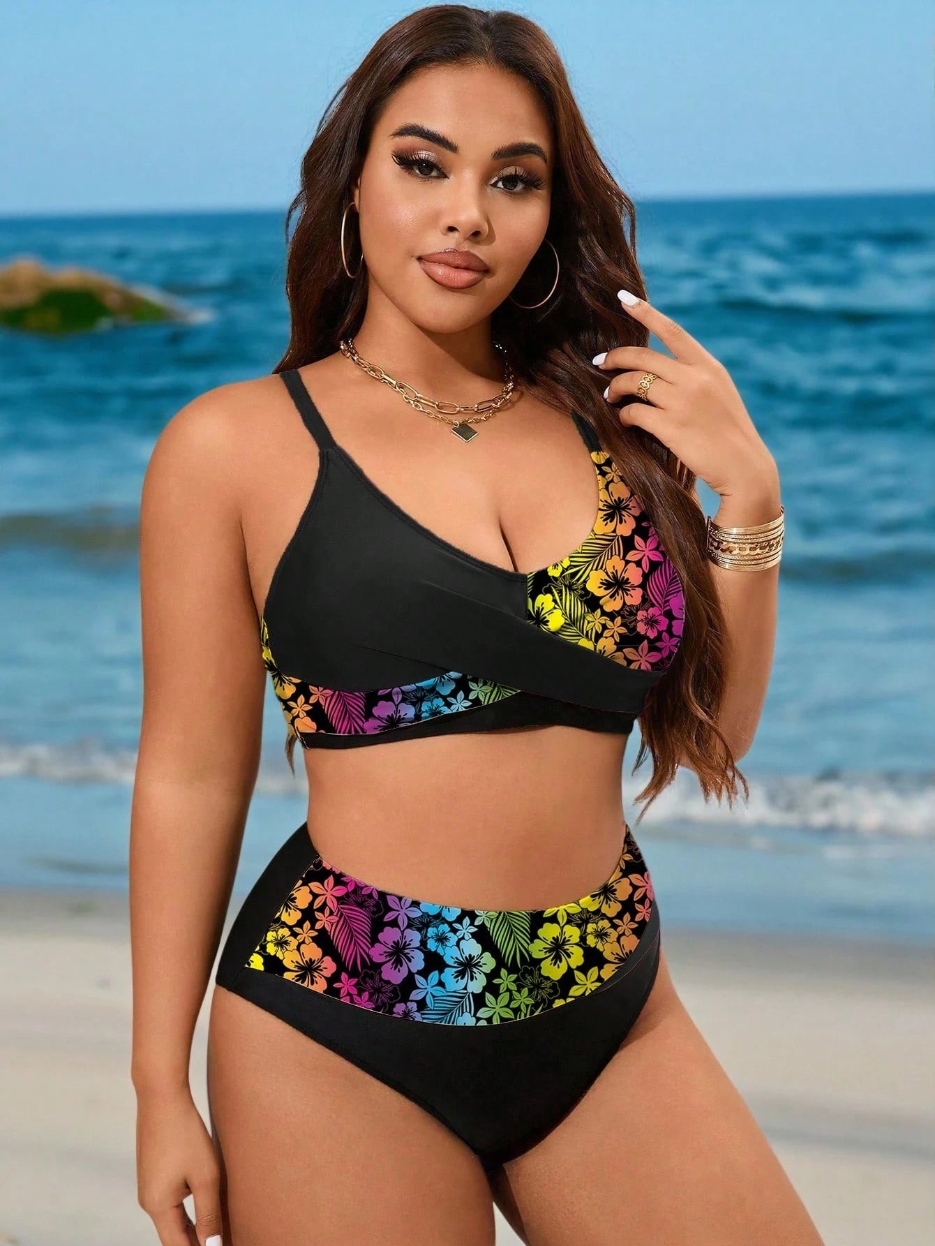 Swim Curve Plus Size 2pcs Set Solid Color Adjustable Strap Design Paired With High Waist Splice Swimwear, Elegant Women Beach Vacation Swimwear