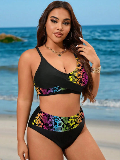 Swim Curve Plus Size 2pcs Set Solid Color Adjustable Strap Design Paired With High Waist Splice Swimwear, Elegant Women Beach Vacation Swimwear