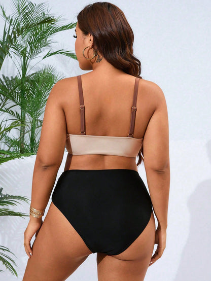 Swim Curve Plus Size 2pcs Set Solid Color Adjustable Strap Design Paired With High Waist Splice Swimwear, Elegant Women Beach Vacation Swimwear