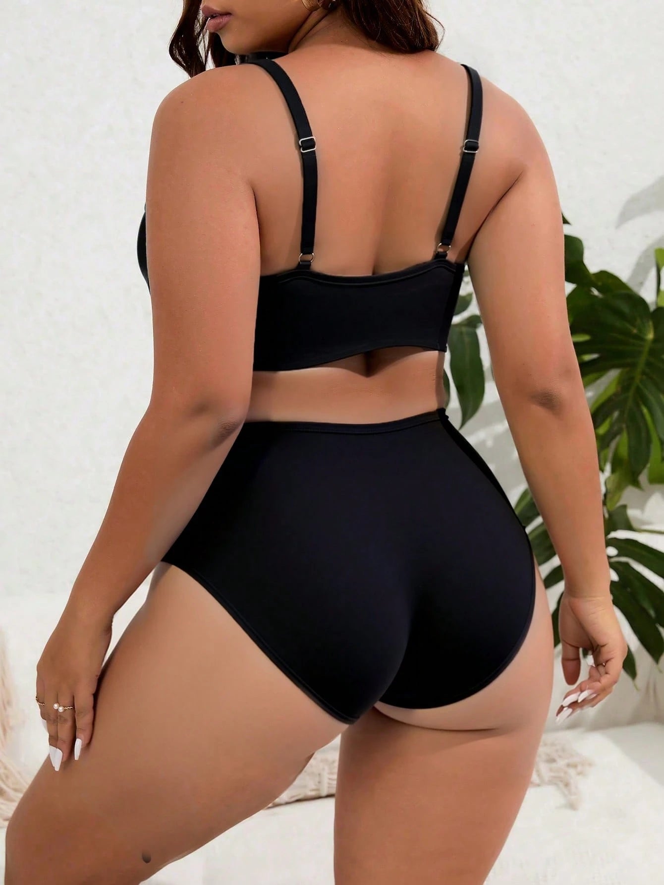 Swim Curve Plus Size 2pcs Solid V-Neck Top And High Waist Shorts Women Summer Resort Bikini Set Sets
