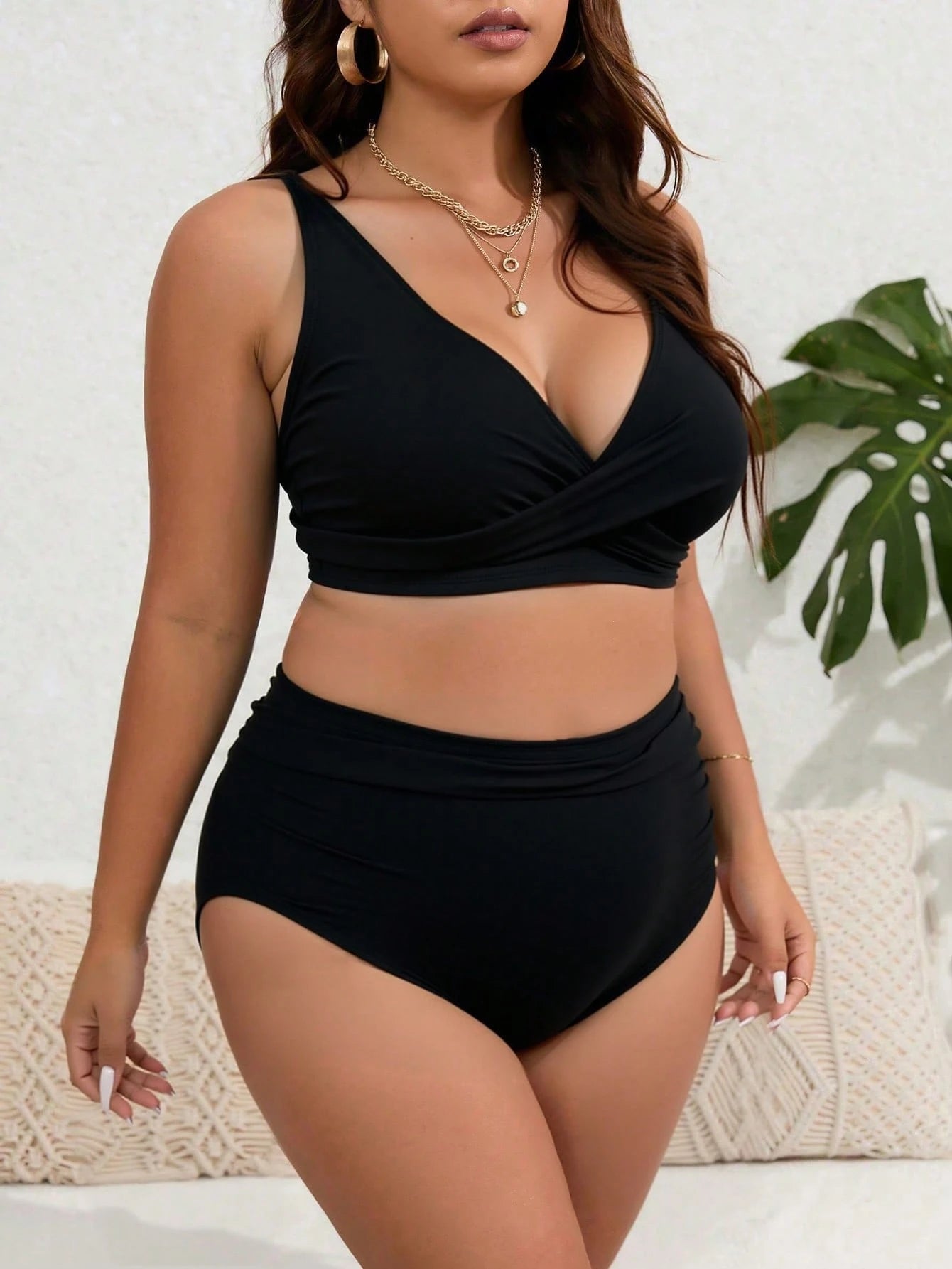 Swim Curve Plus Size 2pcs Solid V-Neck Top And High Waist Shorts Women Summer Resort Bikini Set Sets