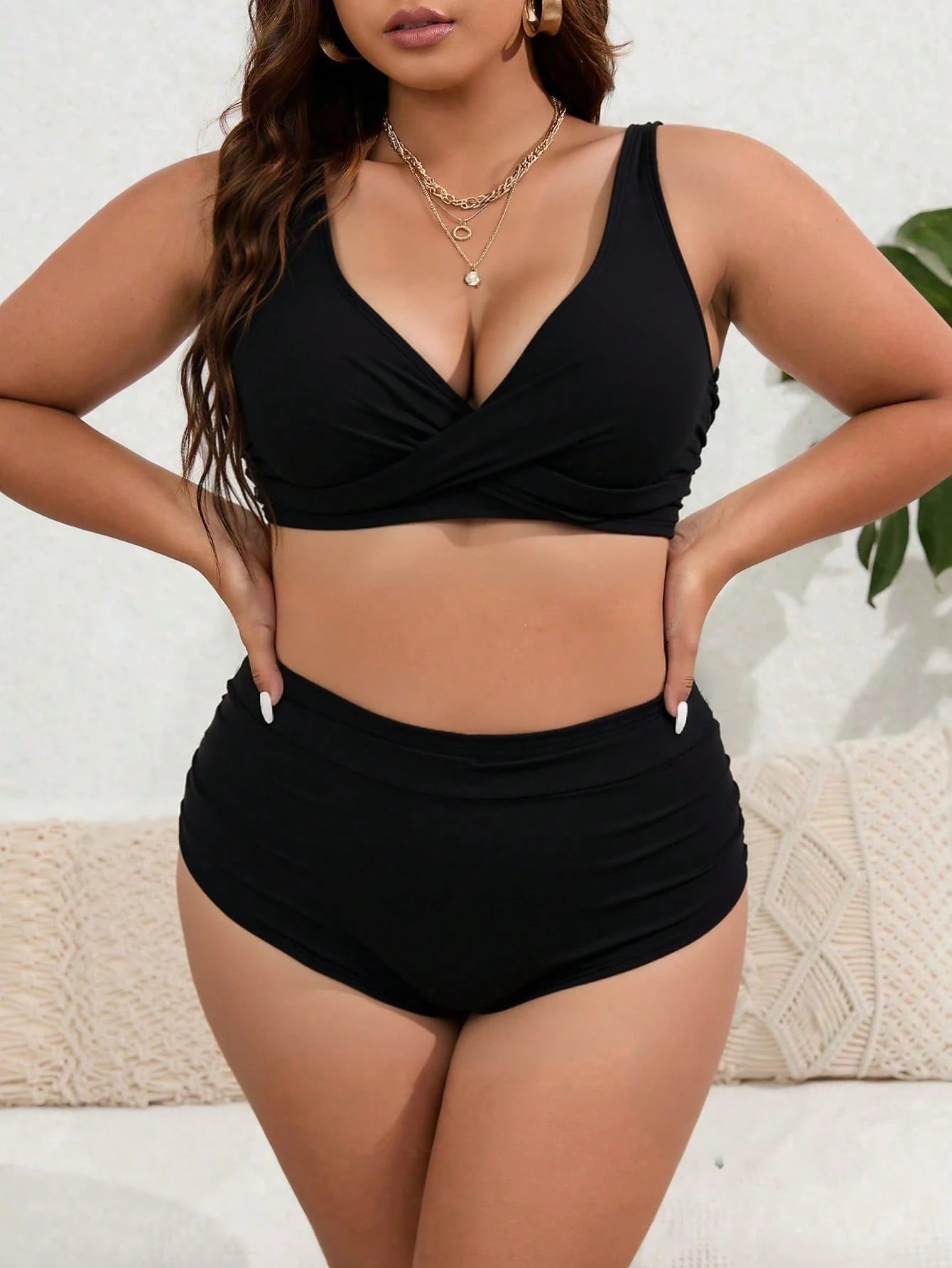 Swim Curve Plus Size 2pcs Solid V-Neck Top And High Waist Shorts Women Summer Resort Bikini Set Sets