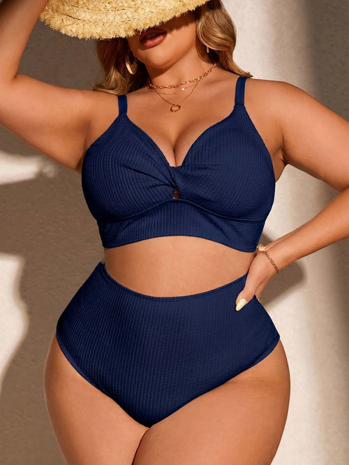 Swim Curve Plus Size Women Summer Beach Solid Color Ruched Spaghetti Strap Bikini Top And Triangle Bottom Two-Piece Swimwear Set