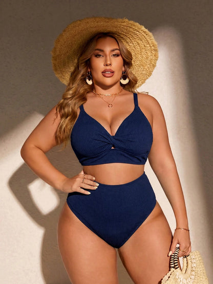 Swim Curve Plus Size Women Summer Beach Solid Color Ruched Spaghetti Strap Bikini Top And Triangle Bottom Two-Piece Swimwear Set