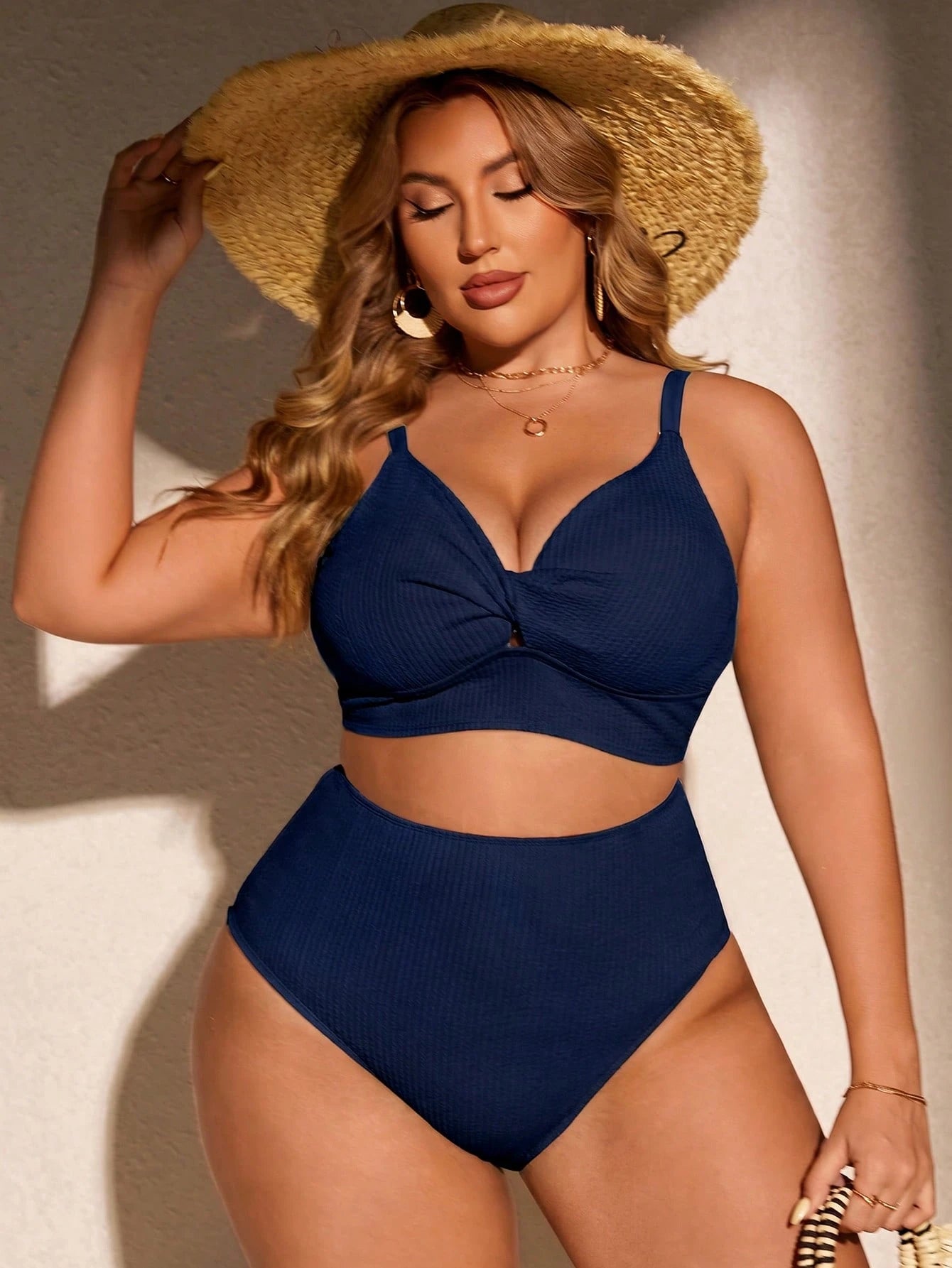 Swim Curve Plus Size Women Summer Beach Solid Color Ruched Spaghetti Strap Bikini Top And Triangle Bottom Two-Piece Swimwear Set