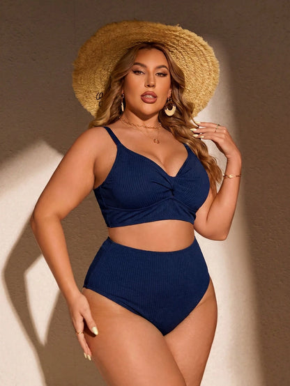 Swim Curve Plus Size Women Summer Beach Solid Color Ruched Spaghetti Strap Bikini Top And Triangle Bottom Two-Piece Swimwear Set