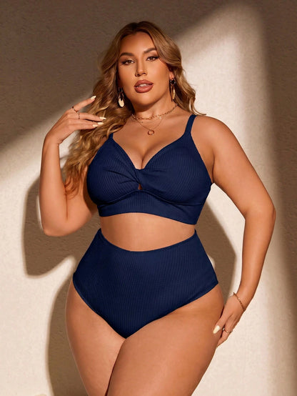 Swim Curve Plus Size Women Summer Beach Solid Color Ruched Spaghetti Strap Bikini Top And Triangle Bottom Two-Piece Swimwear Set
