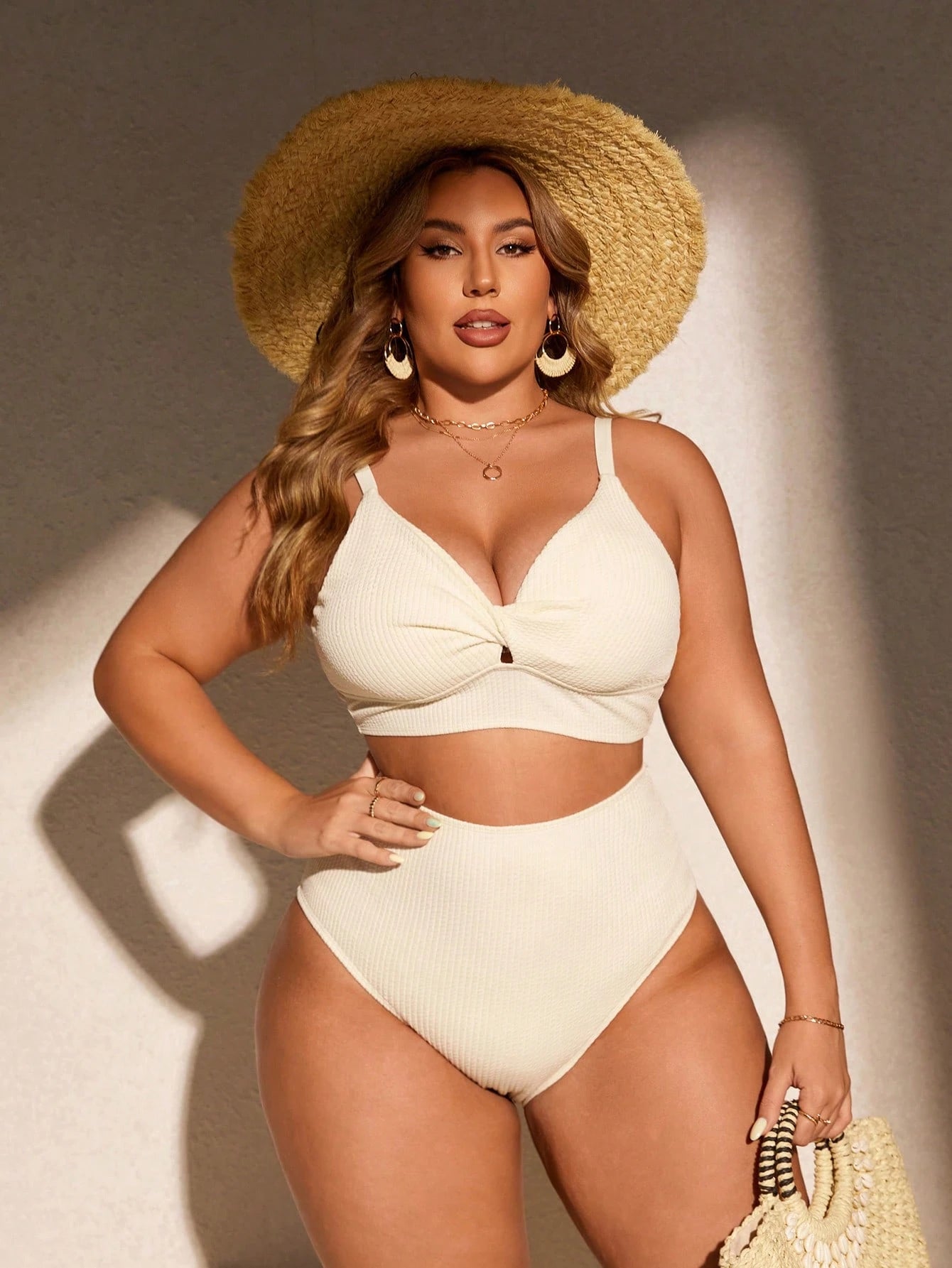 Swim Curve Plus Size Women Summer Beach Solid Color Ruched Spaghetti Strap Bikini Top And Triangle Bottom Two-Piece Swimwear Set