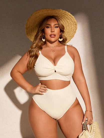 Swim Curve Plus Size Women Summer Beach Solid Color Ruched Spaghetti Strap Bikini Top And Triangle Bottom Two-Piece Swimwear Set