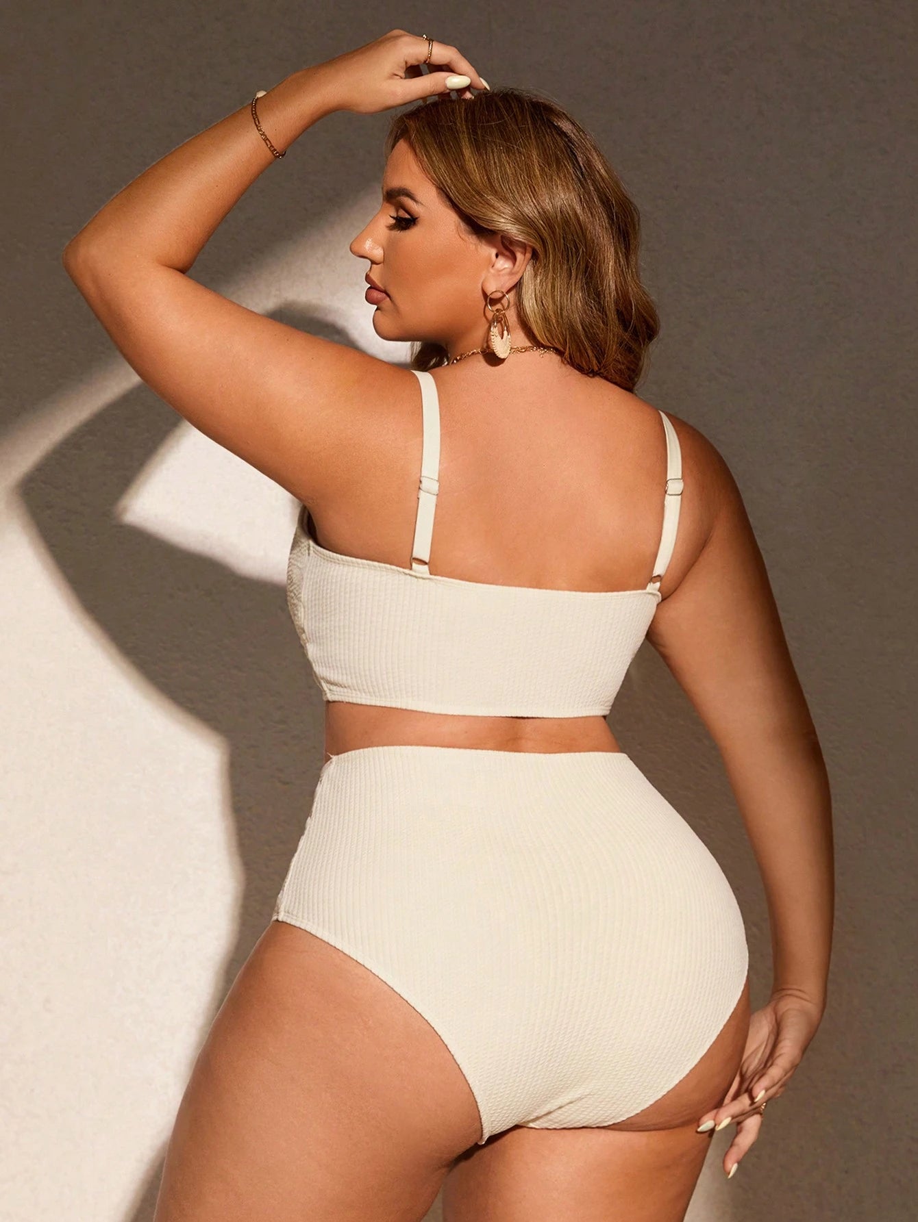 Swim Curve Plus Size Women Summer Beach Solid Color Ruched Spaghetti Strap Bikini Top And Triangle Bottom Two-Piece Swimwear Set