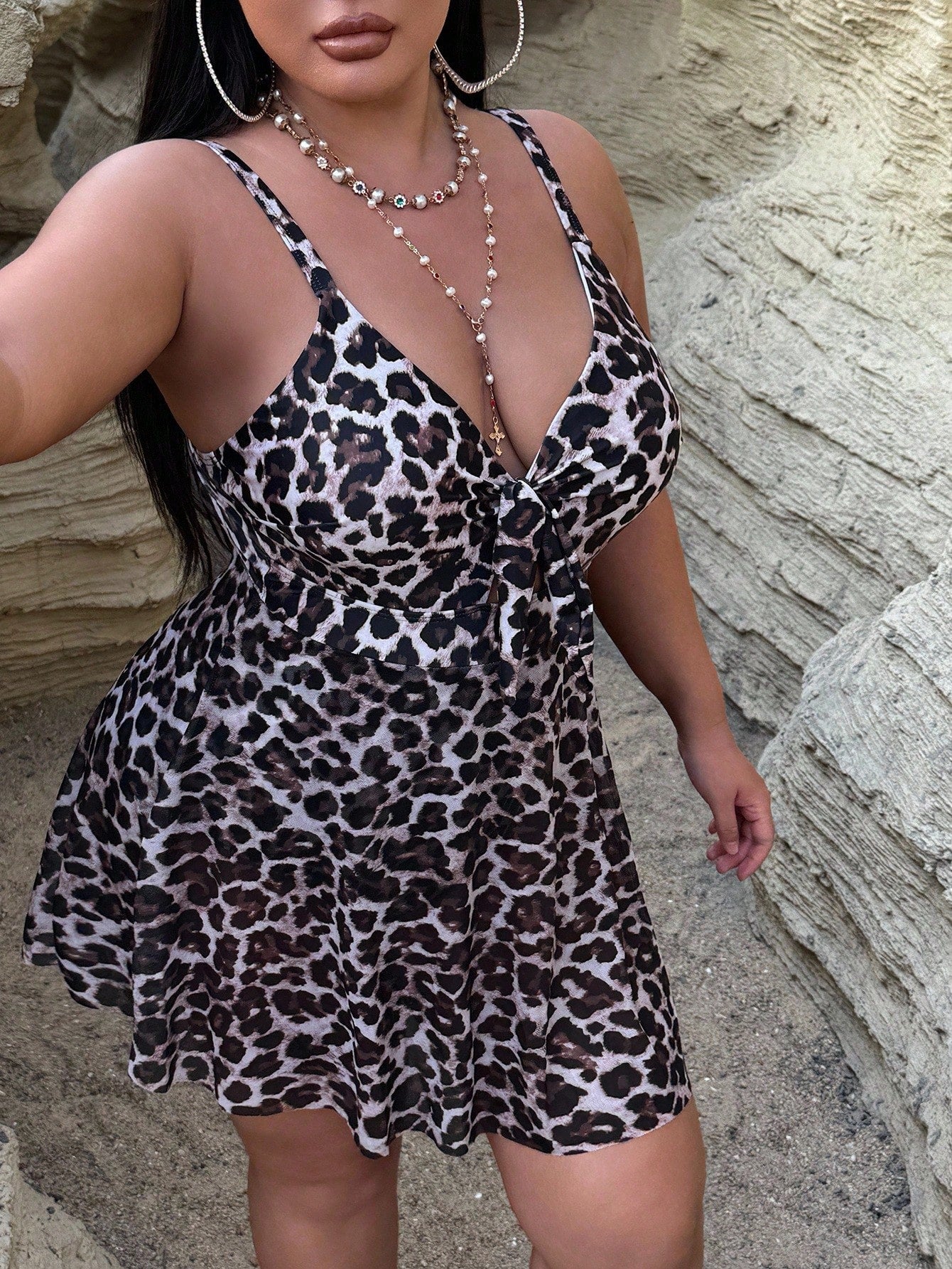 Swim Lushoire 1pc/Set Plus Size Women Leopard Print Strap One-Piece Swimsuit For Summer Beach Vacation