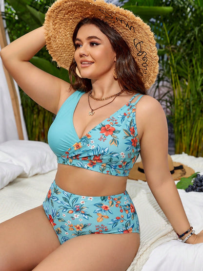Swim Lushoire 2026 New Plus Size Floral Print Bikini 2-Piece Set For Women, Summer Holiday Beach Vacation Swimwear, Navy Blue Base With Tropical Flower Print, Sexy