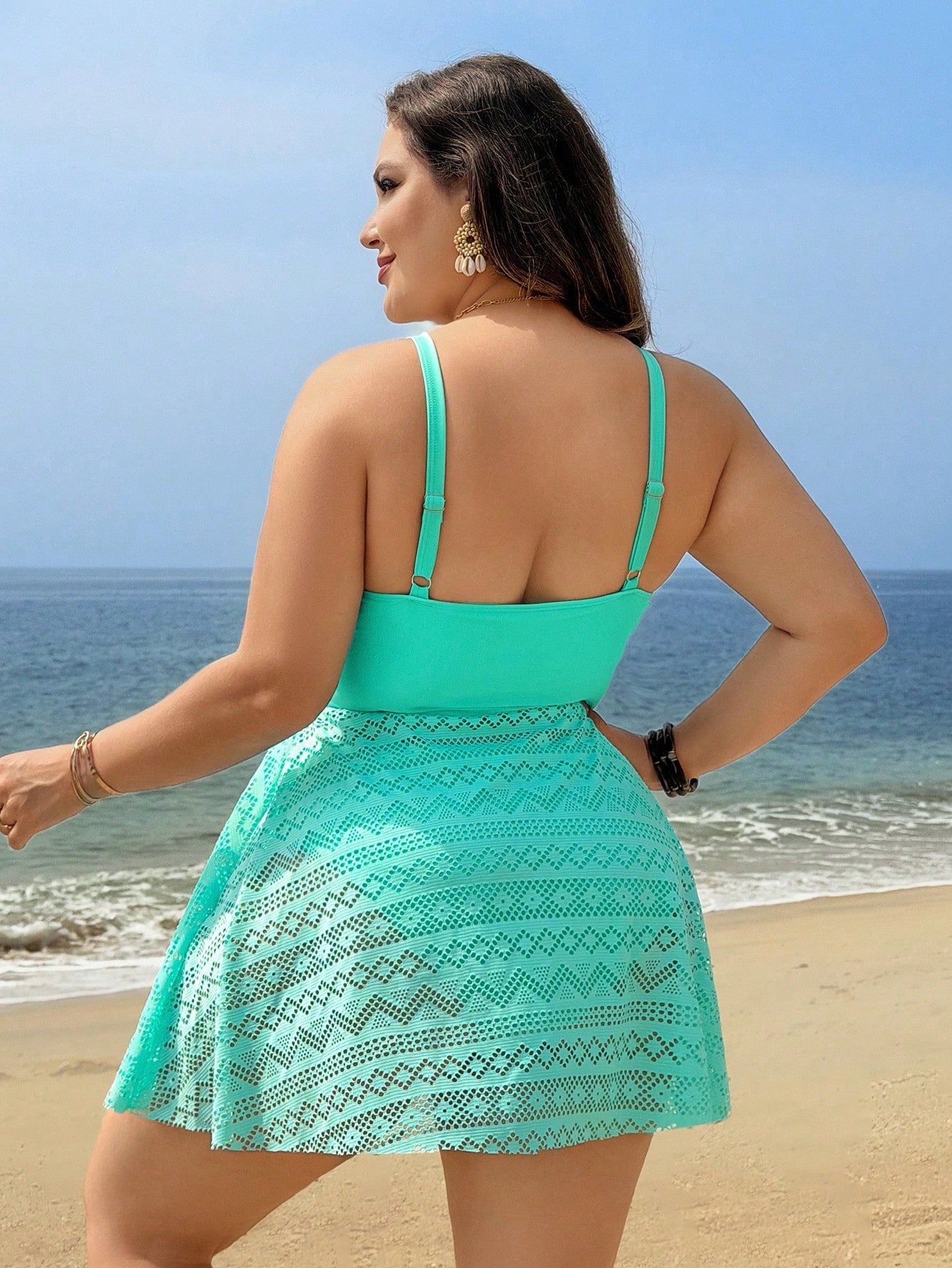Swim Lushoire 2026 New Plus Size Vacation Style One-Piece Swimsuit| V-Neck Spaghetti Straps Highlight Collarbone| Ruched Chest + Adjustable Tie For Better Fit| Hollow Lace Skirt Hem Conceal Hips An