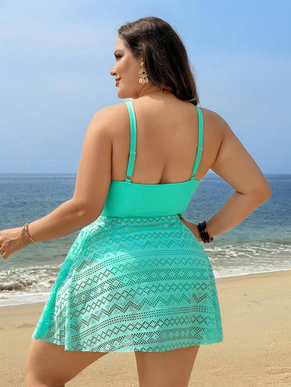 Swim Lushoire 2026 New Plus Size Vacation Style One-Piece Swimsuit| V-Neck Spaghetti Straps Highlight Collarbone| Ruched Chest + Adjustable Tie For Better Fit| Hollow Lace Skirt Hem Conceal Hips An