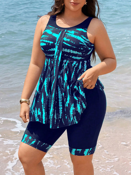 Swim Lushoire 2026 New Plus Size Women's Tankini Swimsuit Two Pieces Set,Navy Blue Backless Bikini With Skirt,Digital Print For Summer,Beach,Vacation,Holiday,Party